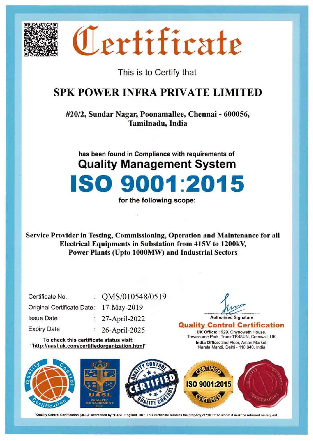 SPK Power Infra Pvt Ltd Certificate